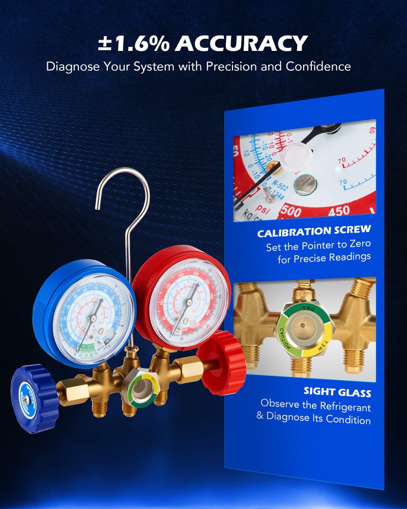 Orion Motor Tech AC Gauges, Automotive AC Gauge Set for R134a R12 R22 R502, 3 Way AC Manifold Gauge Set with 5FT Hoses Couplers & Adapter, R134A Can Tap Freon Recharge Kit for HVAC - Image 5